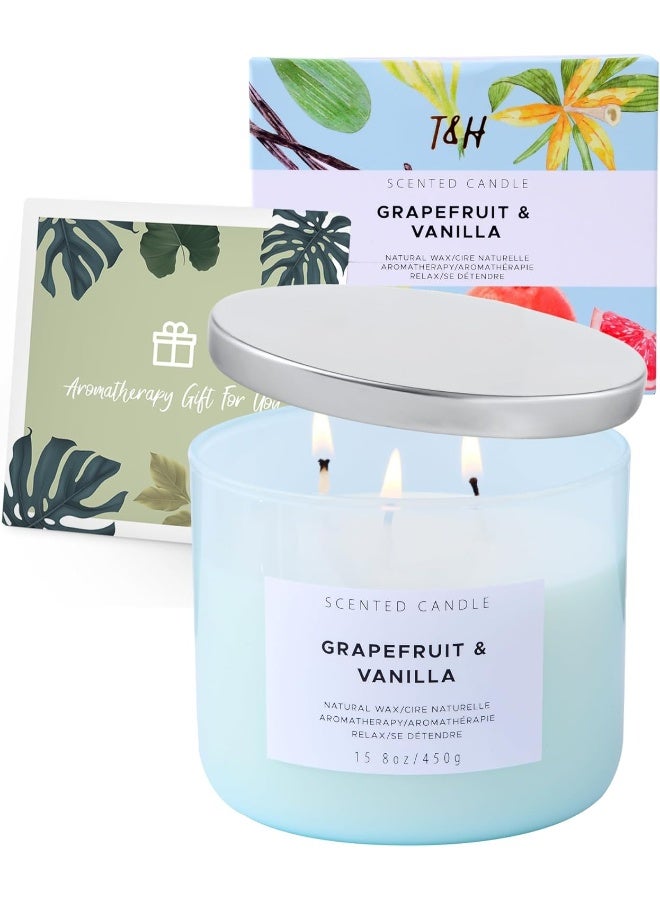 T&H Grapefruit Vanilla Stress Relief Aromatherapy Candle with Berries, Bergamot & Rose - Summer Candles - Highly Scented Candles for Men & Women 15.8 oz - Large 3-Wick Candle, Natural Soy Candles for Home - Image 4
